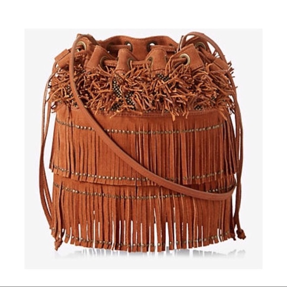 Express Handbags - NWT - Express Suede Studded Fringe Bucket Bag